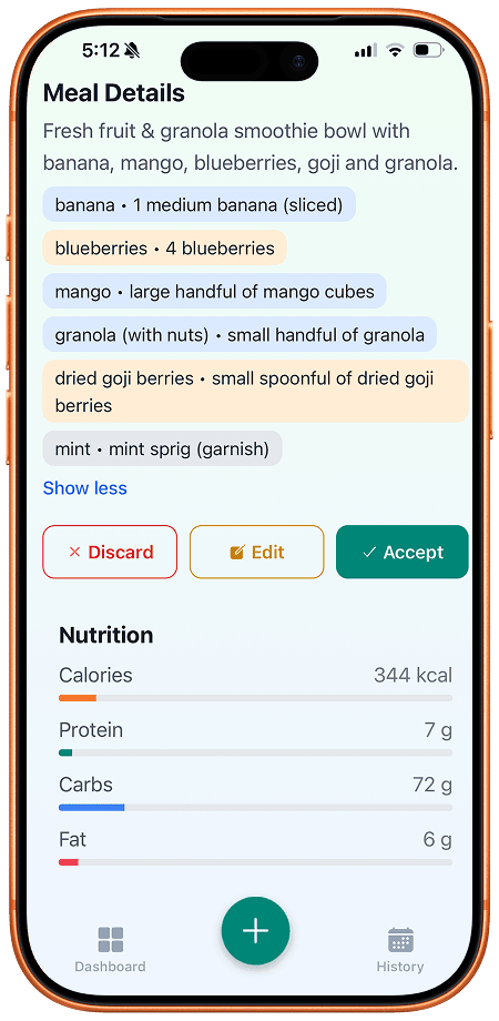 After photo showing detailed nutritional breakdown with calories, macros, and micronutrients from NutriShot AI