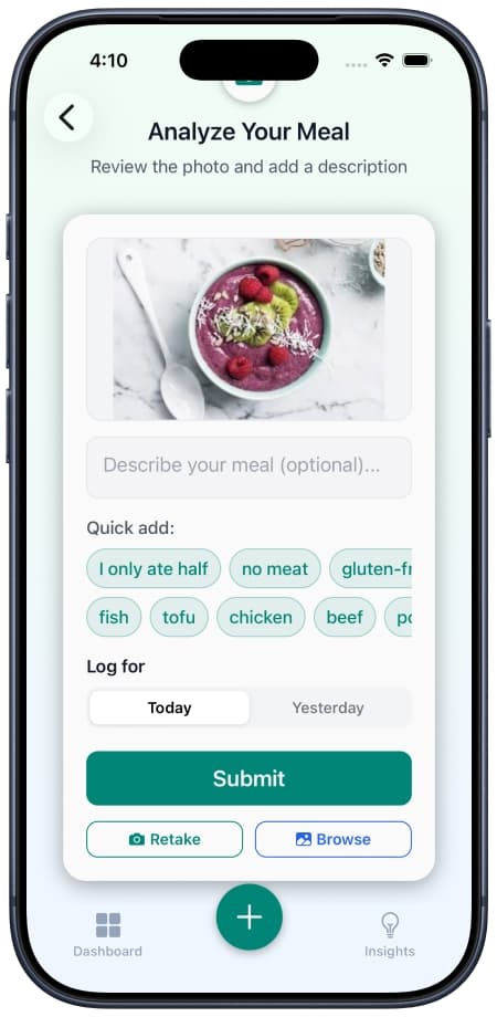 NutriShot AI food recognition feature showing smartphone camera interface for scanning meals and identifying foods