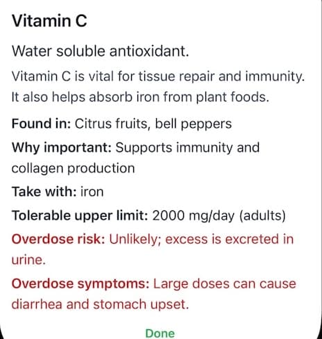 Vitamin C information card with benefits and sources